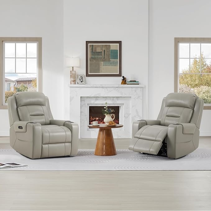 Watson & Whitely Genuine Leather Power Recliner Chairs for Adults, Lay Flat Recliner with Power Headrest, USB Ports and Cup Holders, Electric Reclining Sofa for Living Room, Bedroom, Grey