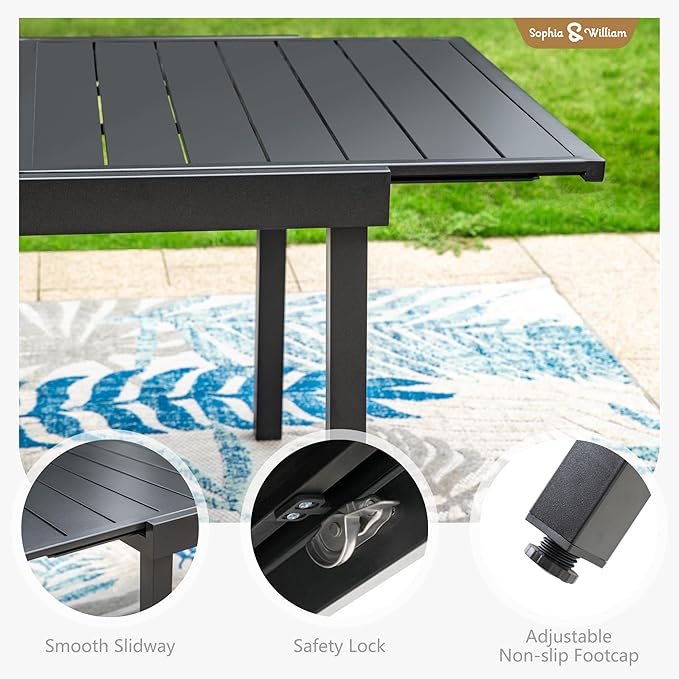Sophia & William 9 Pieces Patio Dining Set for 6-8 People, Expandable Rectangular Metal Outdoor Table and Rattan Chairs with Cushions, All Weather Patio Table and Chairs Set
