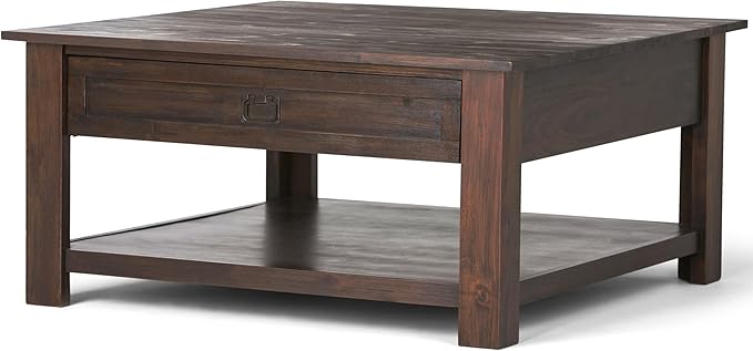 SIMPLIHOME Monroe Square Coffee Table - 38 inch Wide Solid Acacia Wood Living Room Table in Distressed Charcoal Brown, Rustic Cocktail Table for Family Room or Lounge with 2 Drawers and Open Shelf