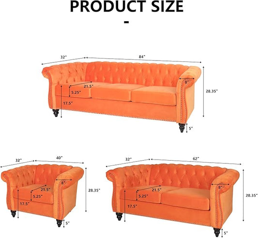 2 Piece Living Room Furniture Set, Velvet Loveseat and Chair Set, Mid Century Modern Upholstered Sofa Couch with Cushions, Comfy Tufted Chesterfield Couches for Living Room, Bedroom, Office
