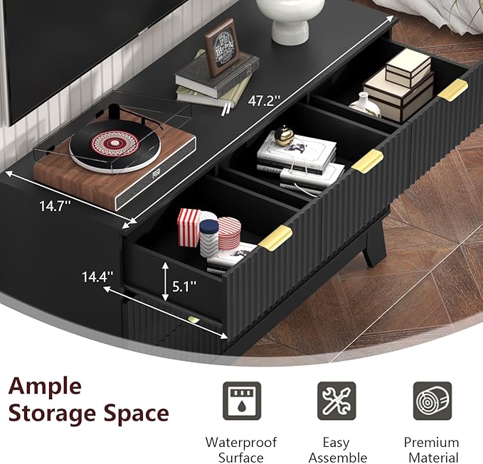 Fluted Dresser for Bedroom,7 Drawer Dresser for Closet,Storage Cabinet and Chest of Drawers with Gold Handle,TV Stand,Storage Organizer for Living Room,Hallway,Entryway,Black