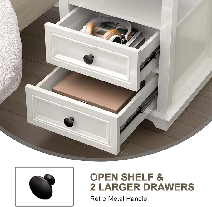 End Table with Fast USB C Charging Station, 18" Wide Tall Sofa Side Table with 2 Drawers, Large Storage Rustic Wood Square Storage Cabinet for Living Room,Bedroom,Office, White
