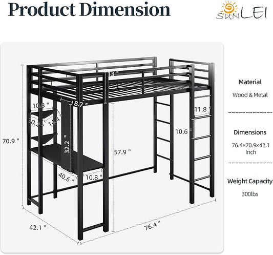 SUNLEI Metal Twin Loft Bed with Desk, Twin Size Loft Bed with 2 Built-in Ladders & Safety Guard, for Small Bedroom Noise Free, Charcoal Black