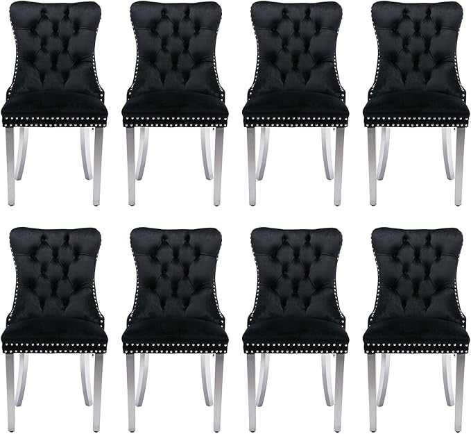 Velvet Upholstered Dining Chairs Set of 8, Modern Style Kitchen Side Chairs with Nailhead Trim and Silver Plated Leg, Metal Pulling Ring for Dining Room Living Room(Black)