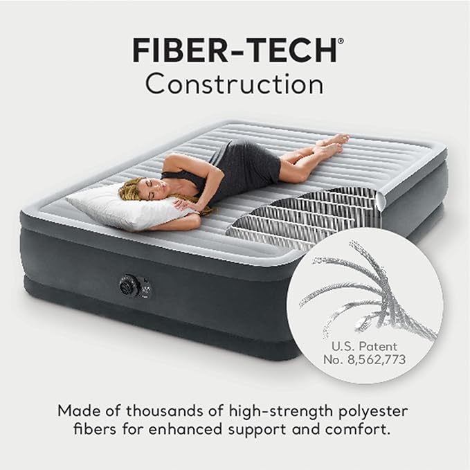 Intex Dura-Beam Deluxe Comfort-Plush Elevated: Fiber-Tech – Queen Size – Built-in Electric Pump – 18in Bed Height – 600lb Weight Capacity