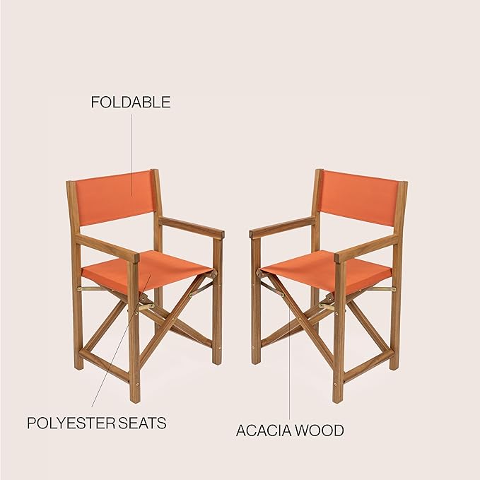 JONATHAN Y DRC1000C-SET2 Cukor Classic Vintage Outdoor Acacia Wood Folding Director Chair with Canvas Seat Classic, Vintage, Mid-Century, Modern, Traditional, Coastal, Orange/Teak Brown (Set of 2)