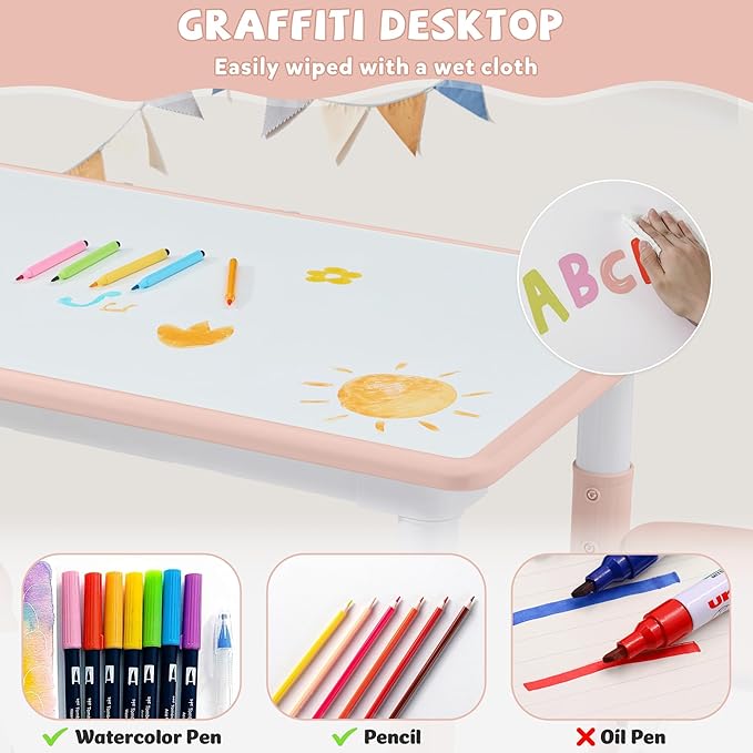 Adjustable Kids Table Chairs Set – Graffiti Desktop, Multi-Activity Height-Adjustable Toddler Study Desk for Ages 3-8 – Ideal for Home, Classroom, Daycare (B-Pink, 4 Chairs-47.2" L x 23.6" W)