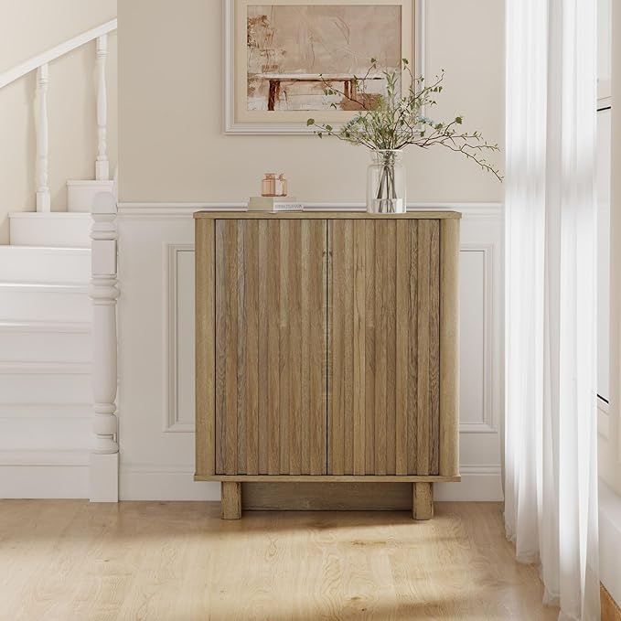 Sideboard Buffet Cabinet with Storage, Natural Freestanding Floor Cabinet Farmhouse Sideboard with 2 Fluted Doors Wooden Hallway Cabinet Media Console Table Credenza for Living Room Dining Room, 3PCS