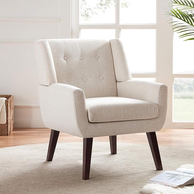 HUIMO Accent Chair Living Room Chair, Upholstered Button Tufted Armchair, Linen Fabric Sofa Chairs for Bedroom, Living Room, Mid-Century Modern Comfy Reading Chair (Beige)