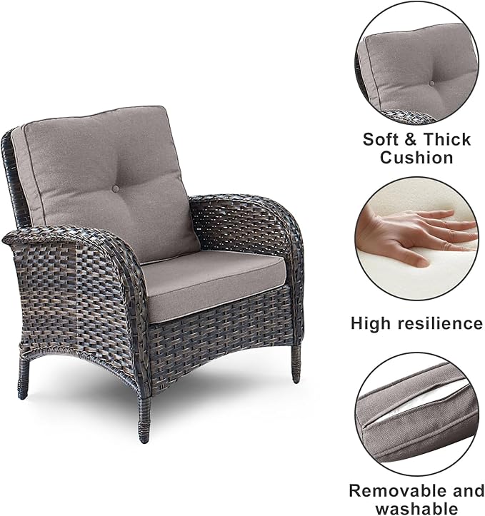HUMMUH 3 Pieces Patio Furniture Set Outdoor Wicker Bistro Rattan Chairs with Glass Top Side Table and Thickened Cushions for Porch Deck Backyard Poolside