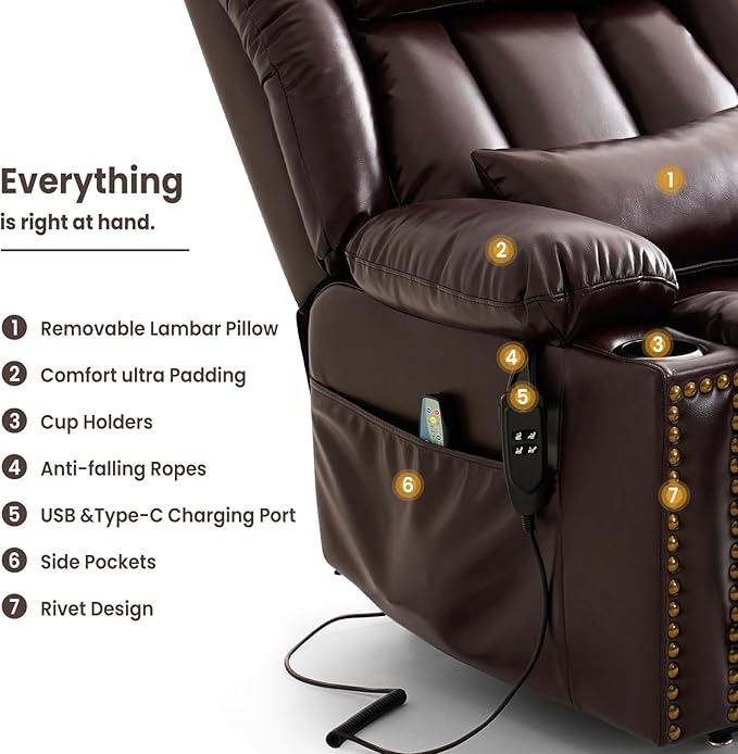 PARKOL Large Infinite Position Leather Power Lay Flat Lift Studded Recliner Chairs for Elderly, Dual Motor with Massage and Heating,Extended Footrest, USB&Type-C Port Remote,Cup Holder (Brown, Large)