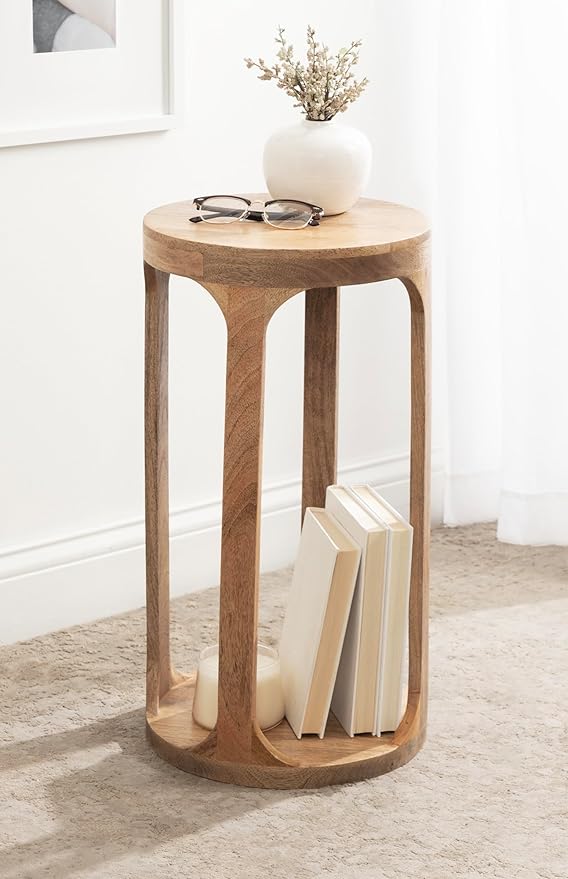 Kate and Laurel Dahl Wooden Round Drink Table; 12 x 23; Natural Brown; Transitional Boho Circle Wood Accent Pedestal Table for Living Room Plant Stand or Small Bedroom Nightstand