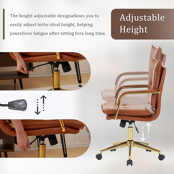 MOJAY Mid-Back Ergonomic Leather Office Chair, Modern Upholstered Executive Desk Chair with Gold Frame Armrest Computer Task Chair (Caramel)