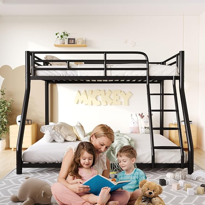 Metal Twin Over Full Bunk Bed,Bunk Beds Twin Over Full Size with Removable Wide Ladder and Full-Length Guardrail,Low Full BunkBeds Frame Heavy Duty steel Slat Support For Adults Kids and Young Teens