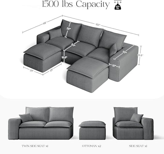 107" Comfy Cloud Couch with U-Shape Chaise & Deep Seat, Modular Sectional Sofa in a Box, Boneless Upholstered Couches for Living Room, No Assembly Required (Soft Corduroy, Gray)