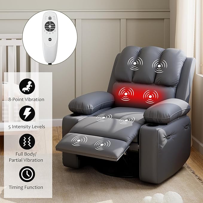 27" Oversized Power Recliner Chair, Faux Leather Rocking Chair with Heat & Massage, 360° Swivel Modern Electric Recliner with Cup Holder & USB Charging for Living Room, Bedroom, Nursery - Grey
