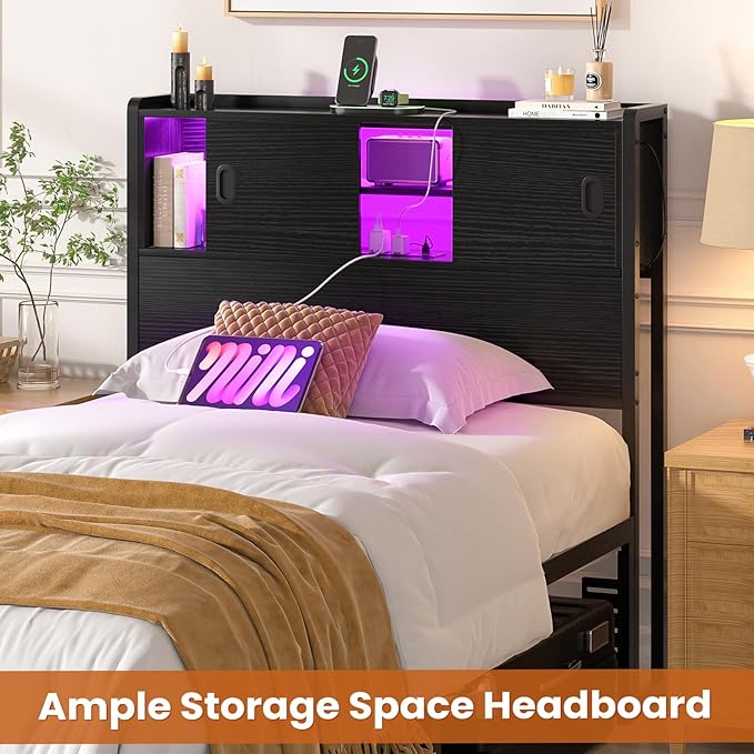 Homieasy Headboard for Twin Size Bed with Storage, Sturdy Bookcase Headboards with Outlet, USB & LED Light, Twin Size Headboard Only, Head Board with Sliding Doors & Bed Adapter for Bedroom, Black