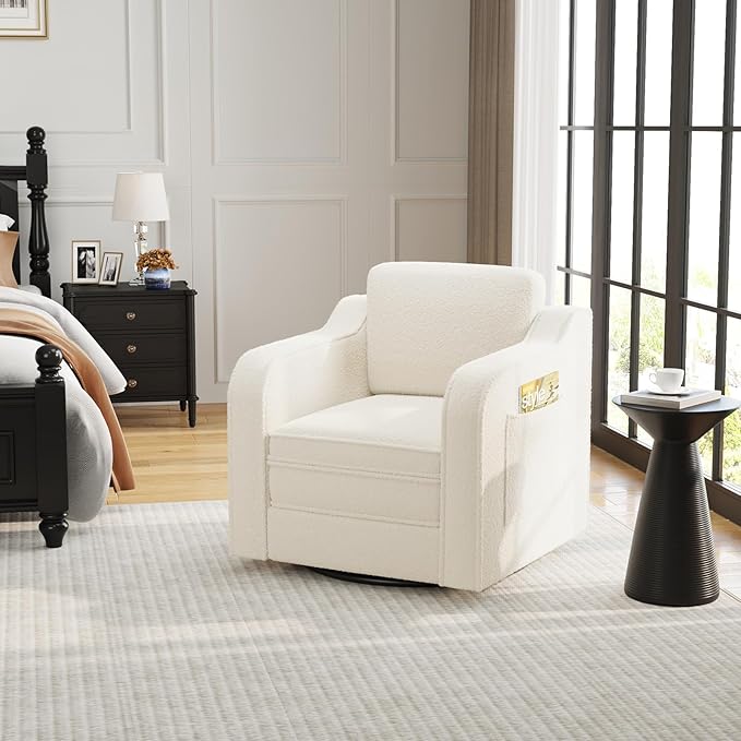 Swivel Accent Chair for Living Room, 30 Inches Barrel Upholstered Armchair, Cozy Modern Arm Chair Single Sofa for Bedroom, Apartment, Reading Room, White