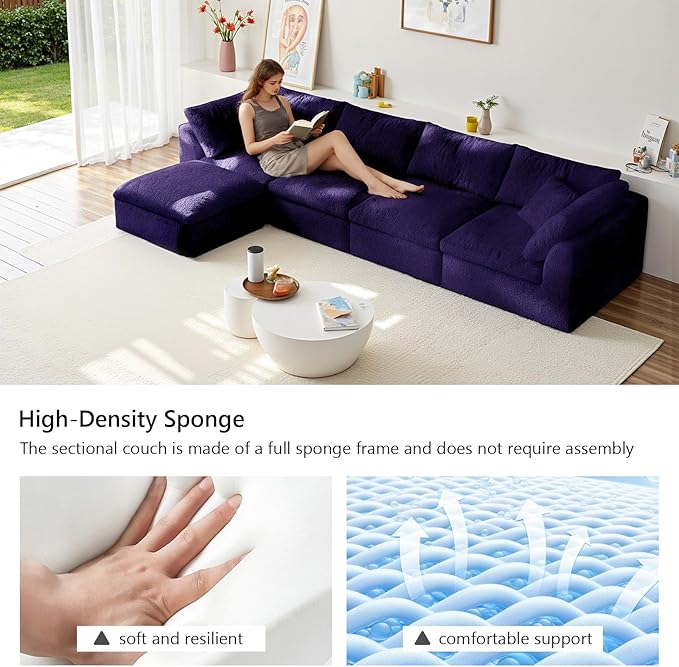 138" Boneless Cloud Couch Modular Sectional Sofa with Deep Seat for Living Room, L Shape Couch with Ottoman, Snowflake Cloth and 40D Memory Sponge,2 Throw Pillows (Purple, 4 Seater+1 Ottoman)