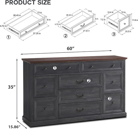Farmhouse 9 Drawers Dresser for Bedroom, 60" Wide Wood Rustic Chest of Drawers, Large Storage Dressers Organizer for Bedroom, Living Room, Hallway, Dining Room, Dark Grey