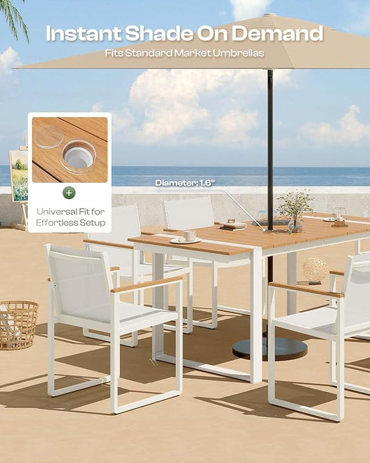 Outdoor Table and Chairs of 4, Patio Dining Sets, HDPS + Aluminum Outdoor Furniture Set with Umbrella Hole, Patio Dining Table Set (White-Teak)