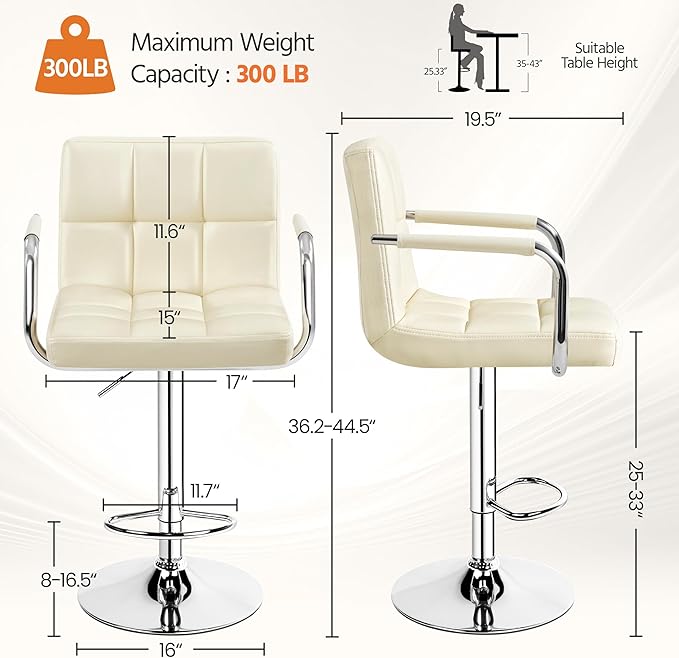 Yaheetech Bart Stools Set of 4, PU Leather Adjustable Barstools with Armrest, Counter Height Stool Chairs with Thickened Seat Cushion for Kitchen Island, Beige
