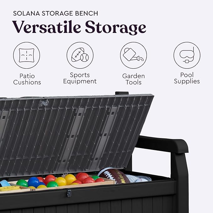 Keter Solana 70 Gallon Storage Bench Deck Box for Patio Storage, Front Porch Decor and Outdoor Seating – Perfect to Store Garden Tools and Pool Floats, Graphite