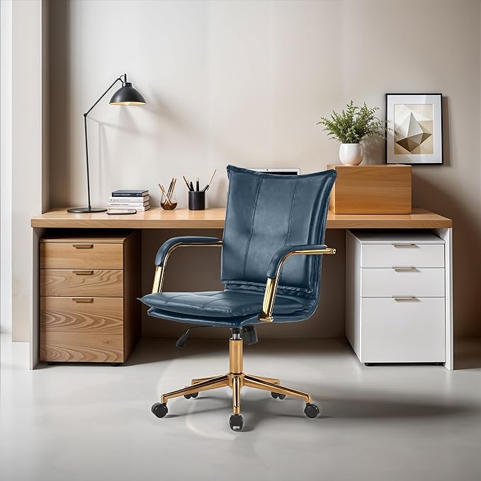MOJAY Mid-Back Ergonomic Leather Office Chair, Modern Upholstered Executive Desk Chair with Gold Frame Armrest Computer Task Chair (DarkBlue)