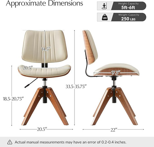 HULALA HOME Office Desk Chair with Solid Wood Legs, Adjustable Height & 360° Swivel, Comfy Bentwood Faux Leather Tufted Task Chair, Ivory