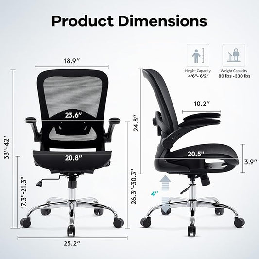 Office Chair Mesh Seat,Ergonomic Mesh Desk Chair with Adjustable Lumbar Support,Computer Chair with Flip-up Armrests, Rolling Executive Chairs, Home Office Chair(Black)
