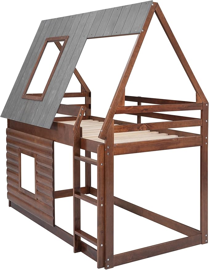 Wood Twin Size House Bunk Bed with Roof Ladder and 2 Windows,Floor Bedframe Low Bed Frame for Boys Girls Kids Teens Bedroom,Oak & Smoky Grey,Easy to Install,Brown
