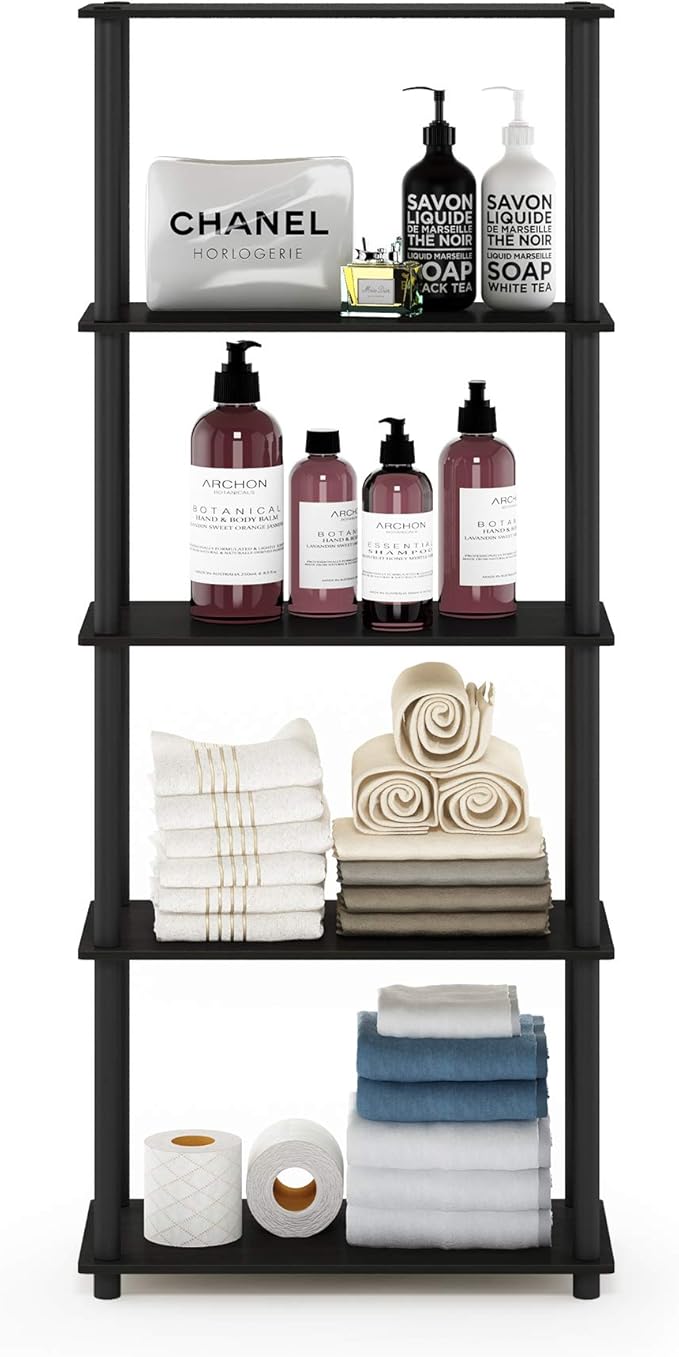 Furinno TURN-N-TUBE Storage Shelves, 5-Tier Book Shelf, Corner Shelf, Toolless Open Shelves, for Organization and Storage, Living Room, Garage, Home Office, Espresso