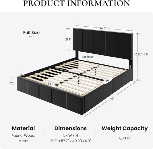 SHA CERLIN Full Size Bed Frame, Velvet Upholstered Platform Bed, Vertical Channel Tufted Adjustable Headboard, Low Profile Bed Frame, No Box Spring Needed, Easy Assembly, Black