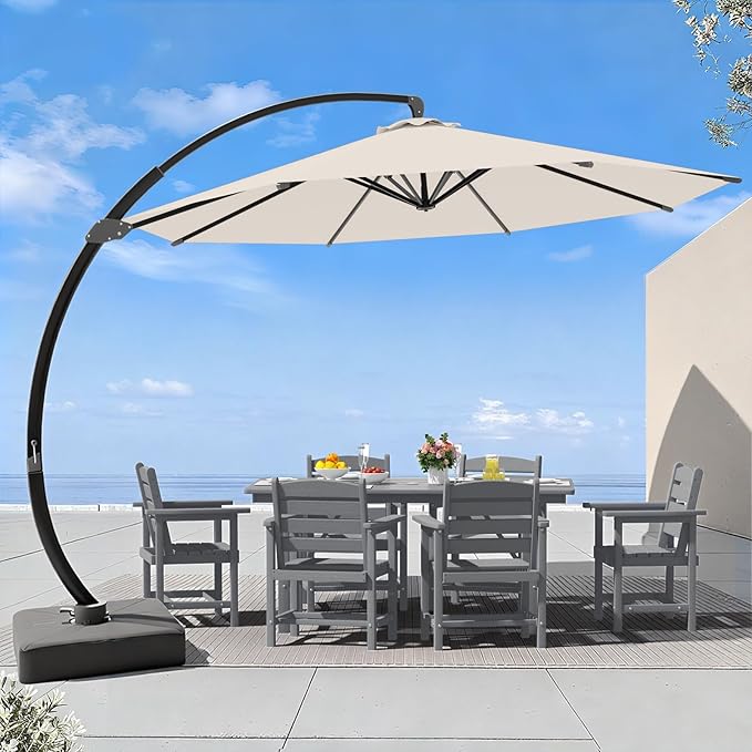 7 Piece Patio Dining Set with 11ft Patio Umbrella (Cream-White), 7 Gray Outdoor HDPE Dining Set with 6 Chairs + 1 Large Table, for Market, Pool, Garden, Backyard, Deck