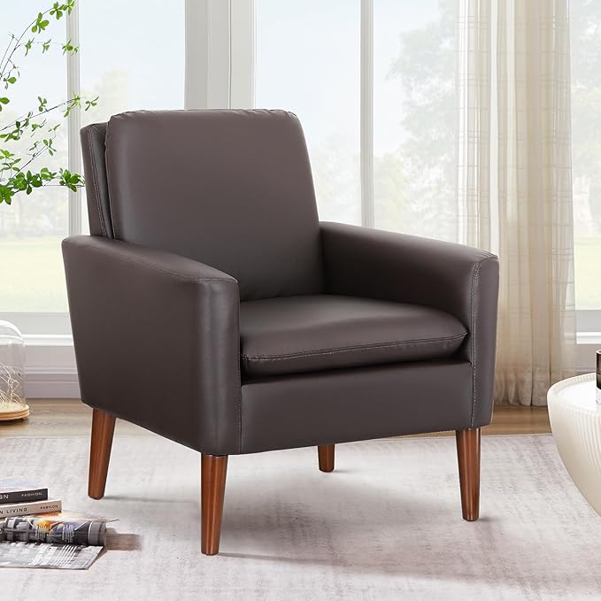 Lohoms Faux Leather Accent Chair, Upholstered Living Room Armchair, Comfortable Reading Leisure Chairs for Bedroom, Guest Room, Waiting Room Furniture Seat- Brown