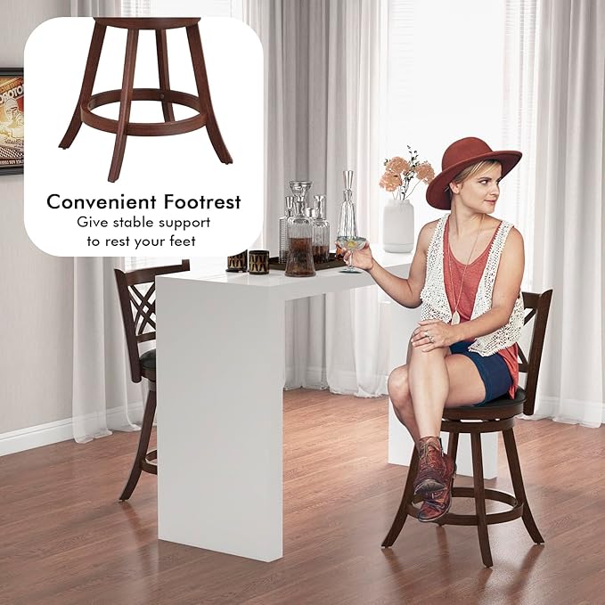 COSTWAY Bar Stool Set of 2 for Kitchen Island, Swivel Upholstered Counter Height Barstools with PU Surface, Rubber Wood Frame, 360° Rotatable Seat, Curved Back, Sturdy Footrest (2, 24" Seat Height)