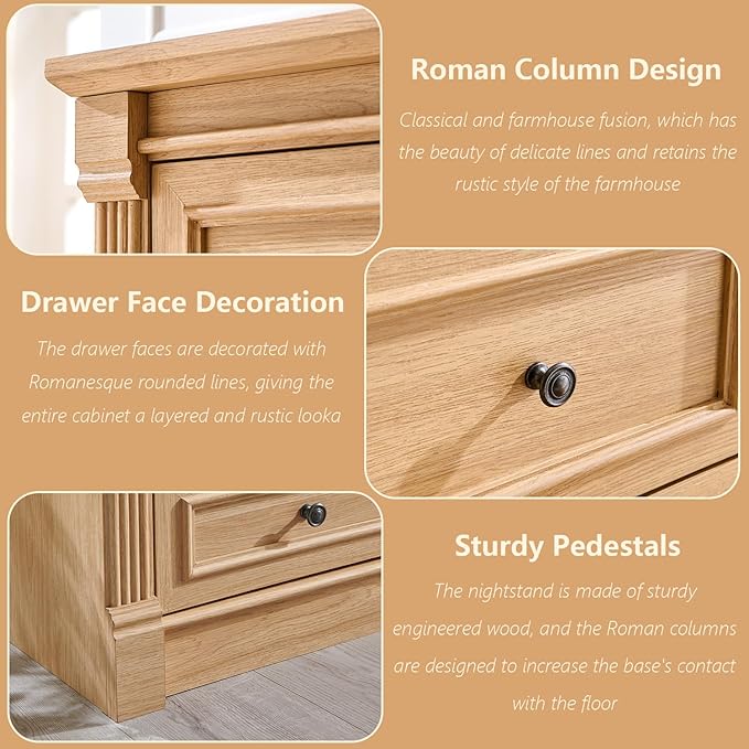 26" Tall Nightstand with Charging Station, Farmhouse 23.6" Wide Large End Table w/Roman Column, Wood Rustic Side Table w/Metal Handle, 3 Drawers Dresser for Bedroom, Living Room, Natrual