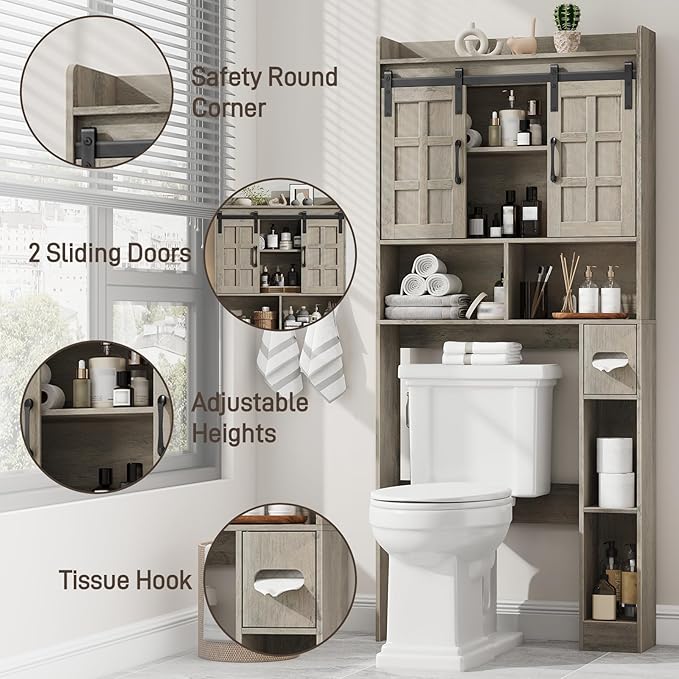 Over The Toilet Storage Cabinet, Farmhouse Storage Cabinet Over Toilet with Sliding Doors,Home Space-Saving Toilet Rack, for Bathroom, Restroom, Laundry.Wash Grey