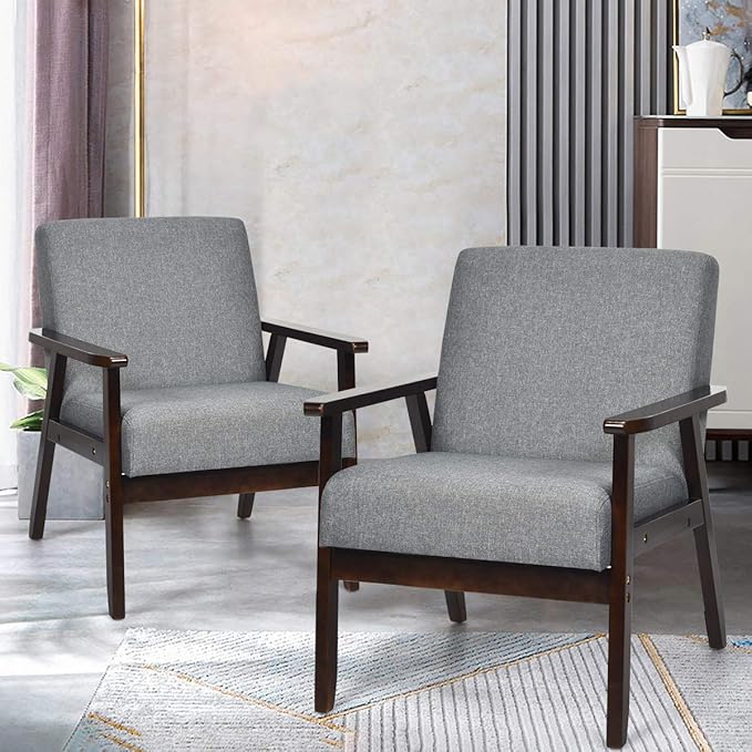 Giantex Set of 2 Mid-Century Modern Accent Chair, Retro Fabric Armchair, Solid Hardwood Made, Upholstered Linen Lounge Arm Chair for Living Room (Dark Grey)