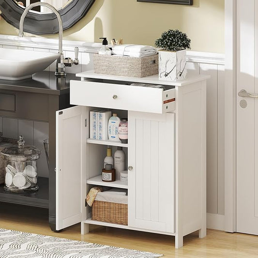 Tangkula Bathroom Storage Cabinet, Freestanding Floor Organizer w/ 2 Doors, 1 Drawer & 1 Adjustable Shelf, Modern Home Bathroom Furniture for Living Room Entryway Kitchen (Cabinet & Drawer, White)
