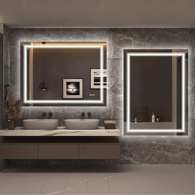 48x36 Led Lighed Bathroom Mirror for Wall, Large Dimmable Vanity Mirror with Lights, Anti-Fog, Shatterproof, Memory, ETL Listed (Backlit and Front Lighted)