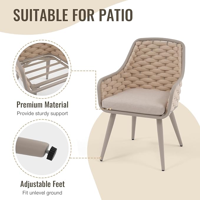 SUNSITT Outdoor Dining Chairs Set of 4, Metal Outdoor Patio Dining Chairs with Weather-Resistant Cushions, Woven Rope Chairs Outdoor with Armrest Champagne Outdoor Furniture Chairs for Backyard