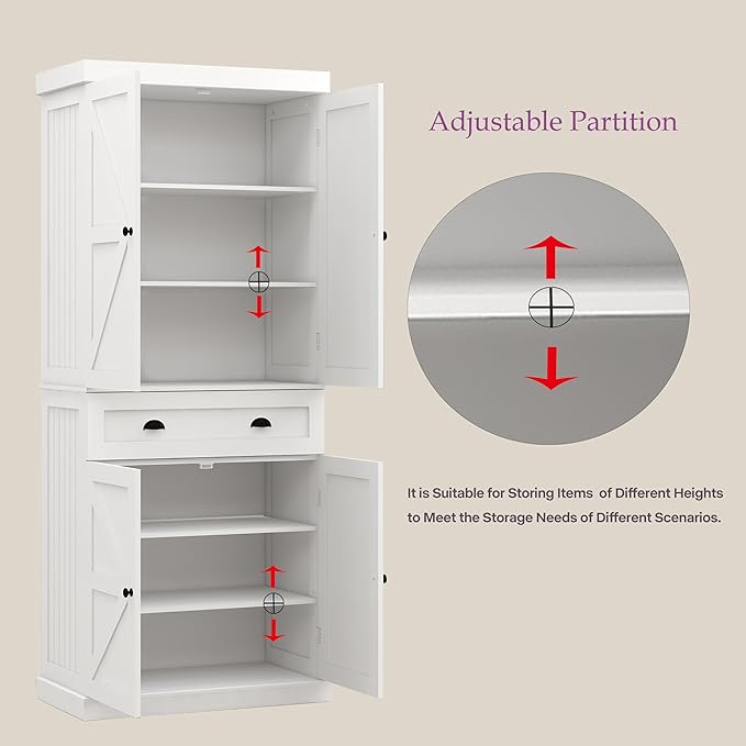 71" Tall Pantry Cabinet with Drawer & 4 Doors, Versatile Storage Cabinet with Adjustable Shelves for Kitchen, Laundry Room, Living Room, Bathroom, White