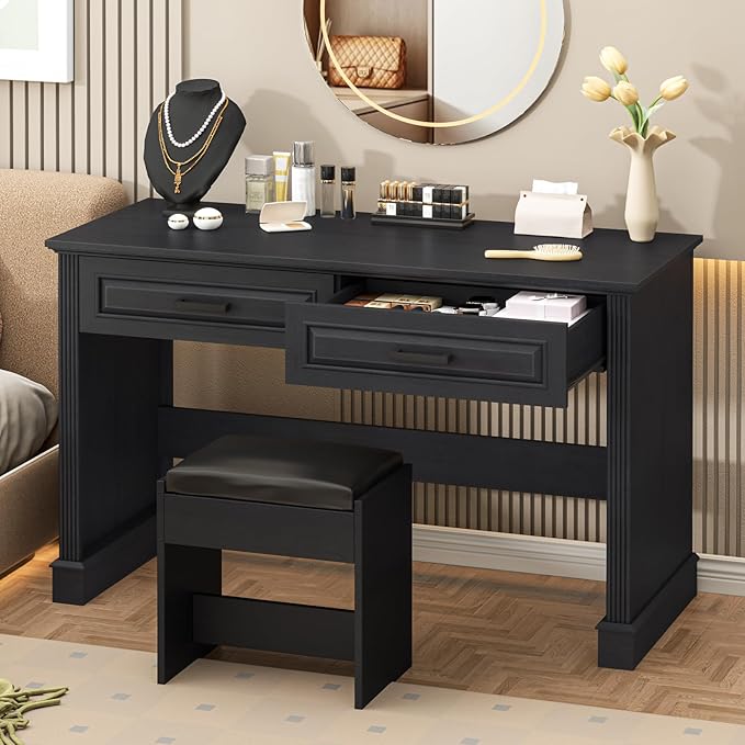 Farmhouse Executive Desk, 48 Inch Computer Desk with 2 Drawers, Simple Home Office Writing Desk Workstation for Bedroom Study Small Spaces, Black