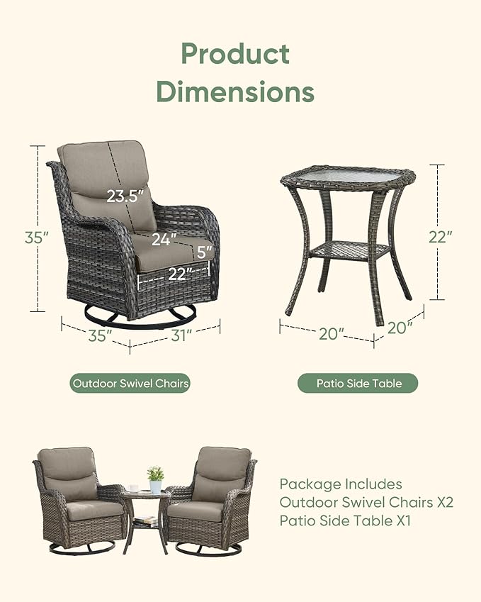 HUMMUH High Back Outdoor Swivel Rocker Patio Chairs Set of 2, with 5-Inch Thick Cushions and Side Table,All-Weather Patio Furniture for Porch,Poolside, Deck, and Yard