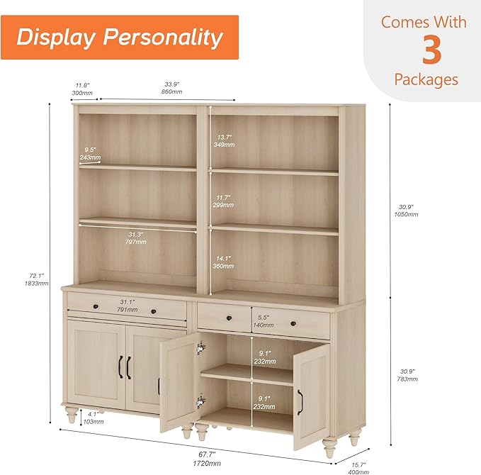 WAMPAT 5 Tier Bookshelf 72" Tall Bookcase with Barn Doors, Large Farmhouse Display Book Shelf with 2 Drawers and Storage Cabinet, Library Wood Bookshelves for Living Room,Kitchen, Light Oak(2PCS)