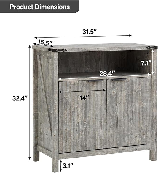 Buffet Cabinet with Storage - Modern Farmhouse Rustic 32 Fluted Sideboard Storage Cabinet Buffet with Adjustable Shelves, Coffee Wine Bar Organizer for Dining Room (Grey)