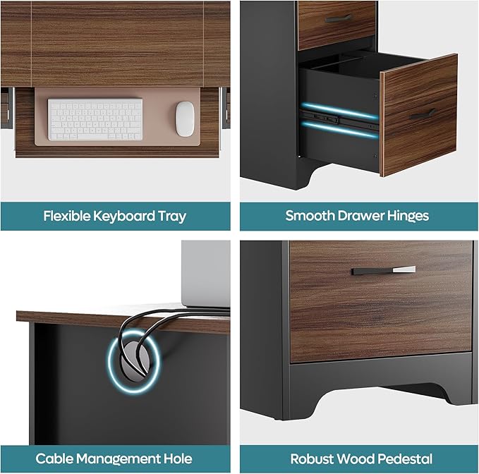 Bestier 59” Computer Desk with 4 Drawers, Office Desk with Storage, Industrial Executive Desk with File Drawer, Keyboard Tray & 2 Pedestals for Home Office & Studio, Cherry