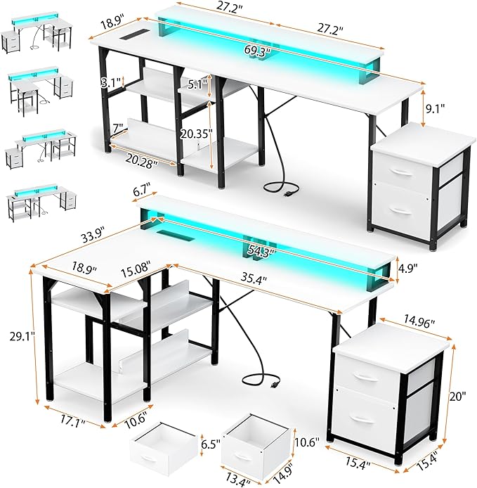 YOUNGAR Office Desk L Shape with File Drawers&Power Outlet, 69.3 Inch Reversible L Shaped Computer Desks,Corner L Shape or Long Desk Set up, Monitor Stand &Storage Shelves,LED Lights&CPU Stand,White