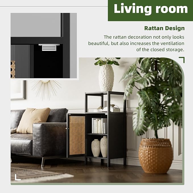 Bamboo Floor Rattan Cabinet, Small Bathroom Storage Organizer Rack with 1 Door and 1 Shelf, Space Saving Wood Kitchen Cupboard, Hallway Side Table, Living Room Freestanding Stand (Black)